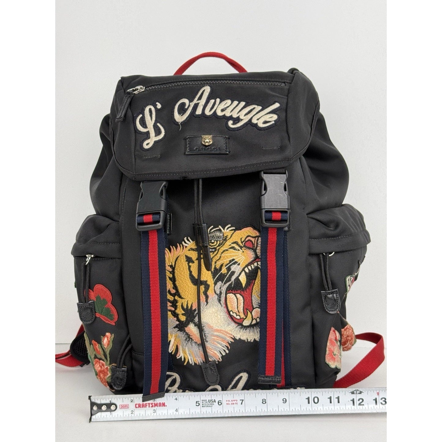 Gucci Animalier Tiger Head Embroidered Backpack Black Floral Butterfly