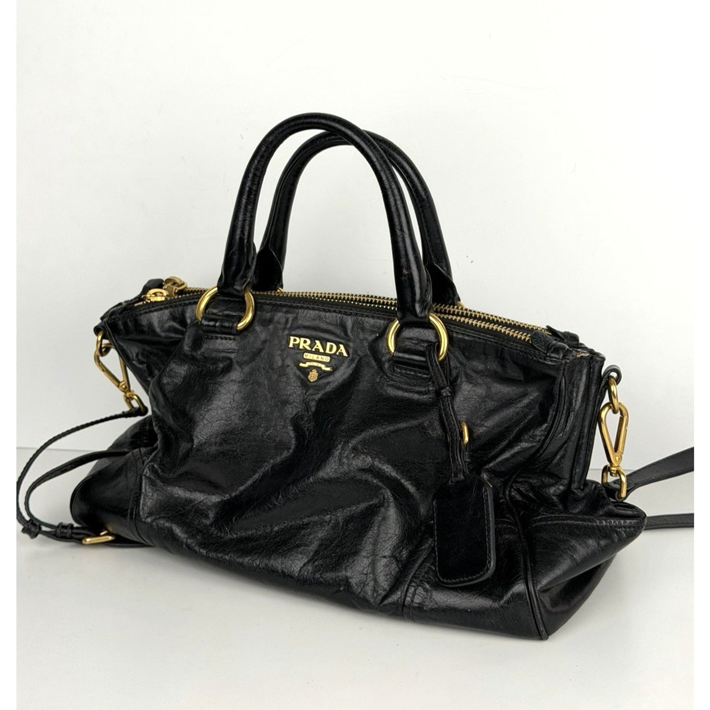 Prada Shopping Satchel Bag Medium Black Vitello Crinkled Leather Gold Hardware S