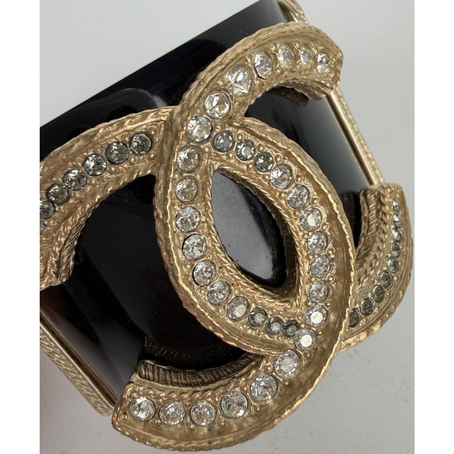 Chanel Resin & Crystal CC Hinged Cuff Wide Bracelet in Black & Gold