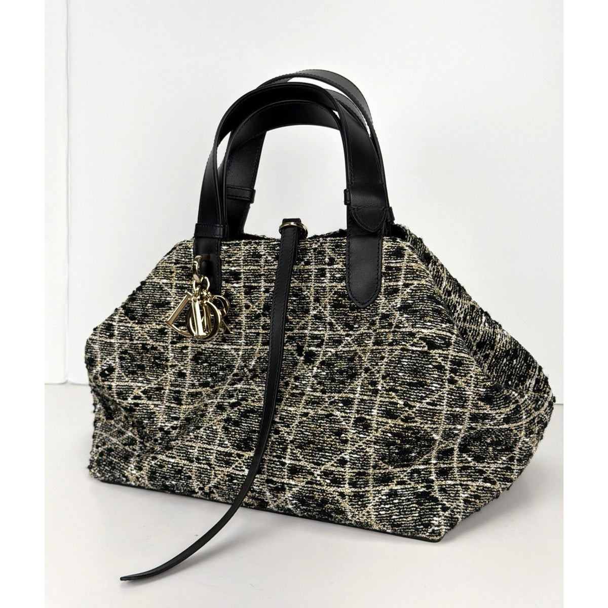 Dior Toujours Top Handle Bag Medium in Black White & Gold Cannage Tweed 2024 F-3