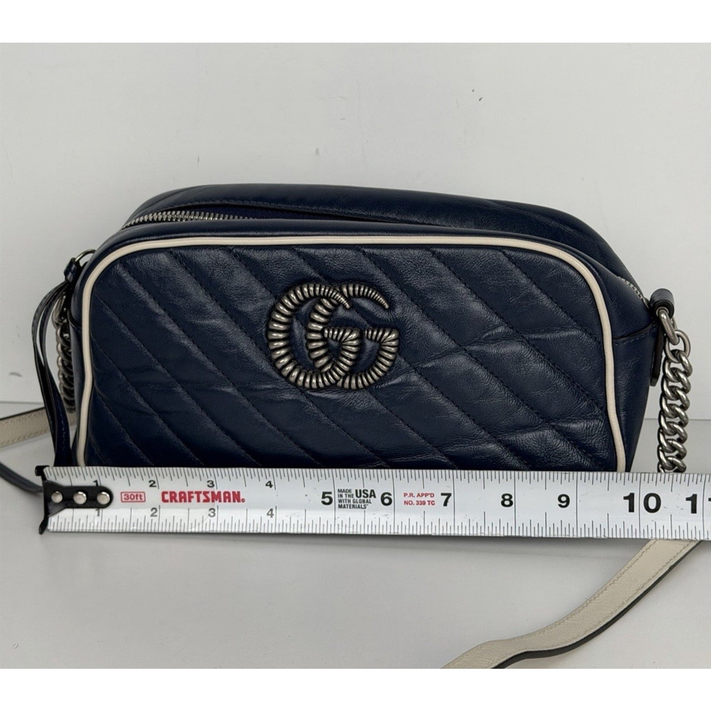 Gucci GG Marmont Small Shoulder Bag Diagonal Dark Blue Quilted Leather S17