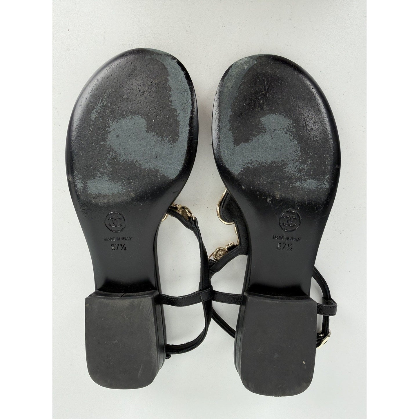 Chanel Metal Heart Thong Sandals Black Lambskin with Crystal Accents US Size 7.5