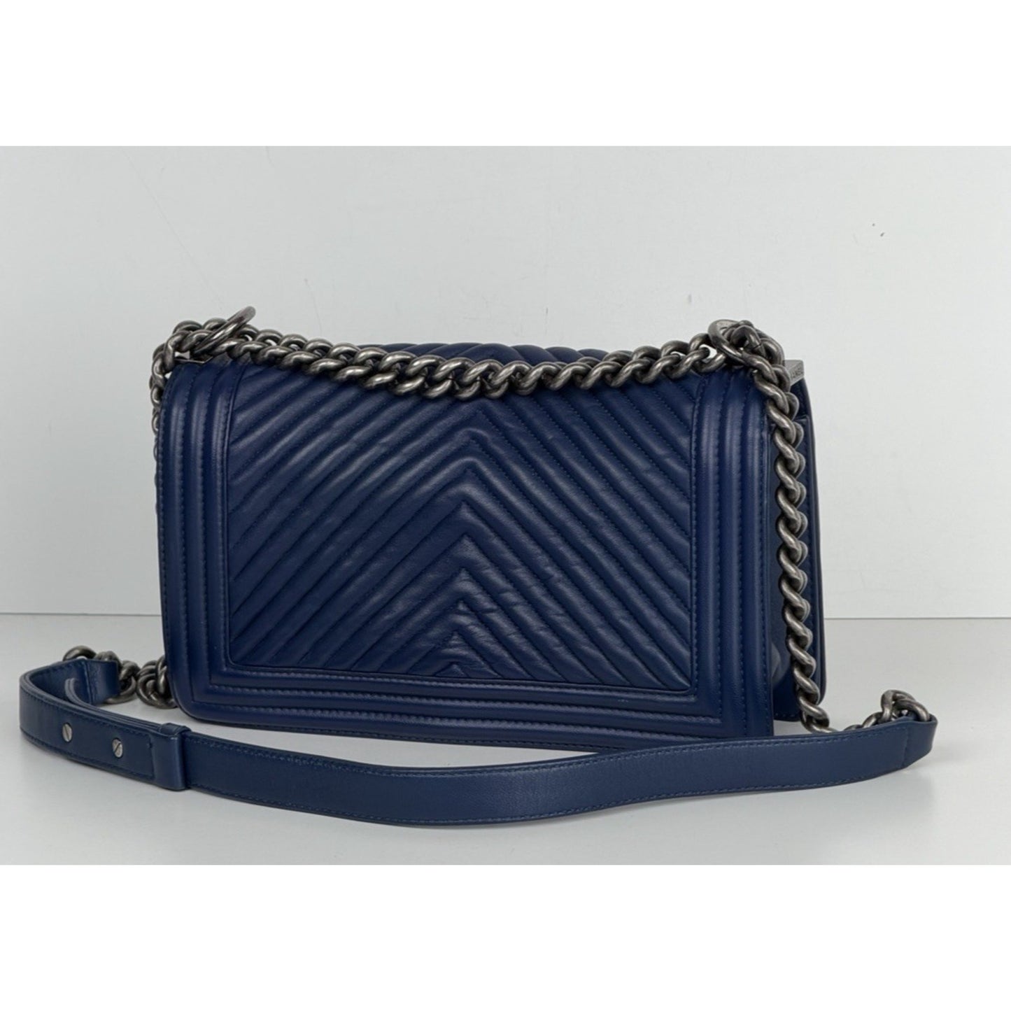 CHANEL Boy Flap Medium Shoulder Bag Lambskin Chevron Navy Blue 2014-2015 B4
