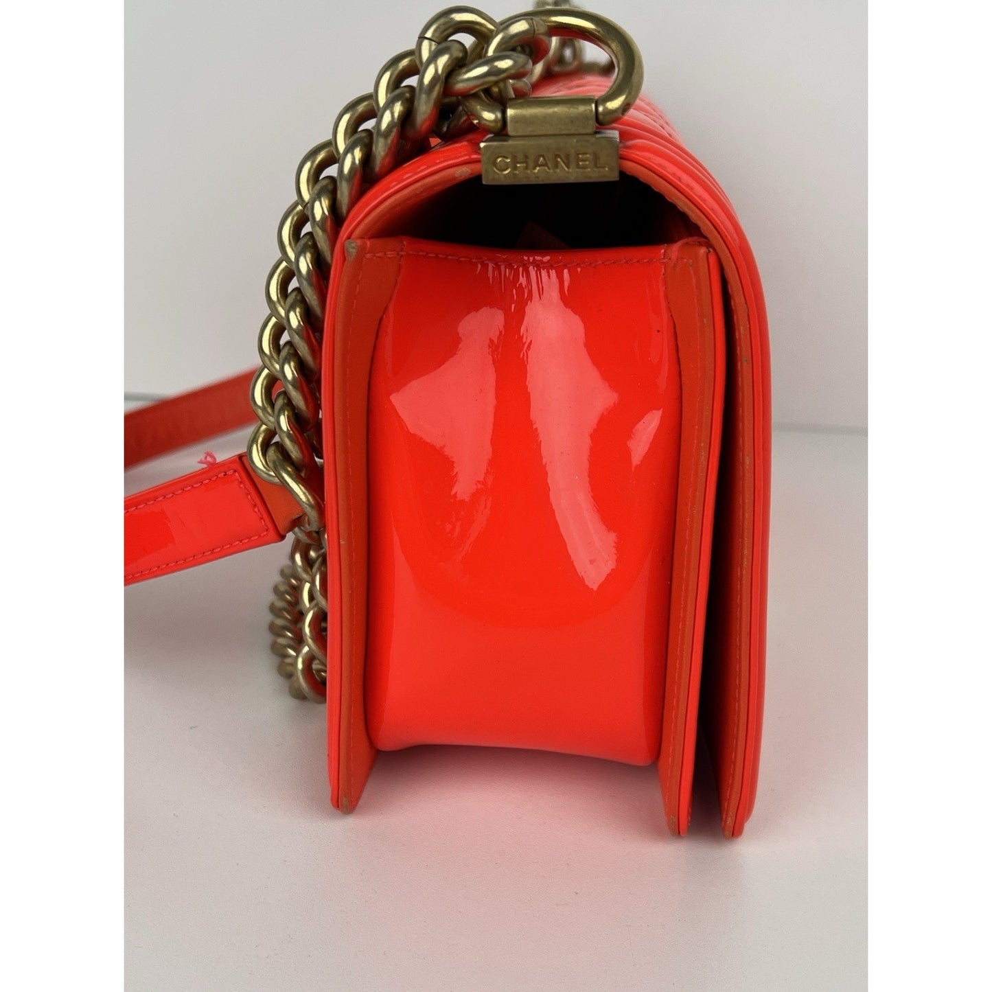 CHANEL Patent Quilted Medium Boy Flap Orange Shoulder Bag (2015-2016)