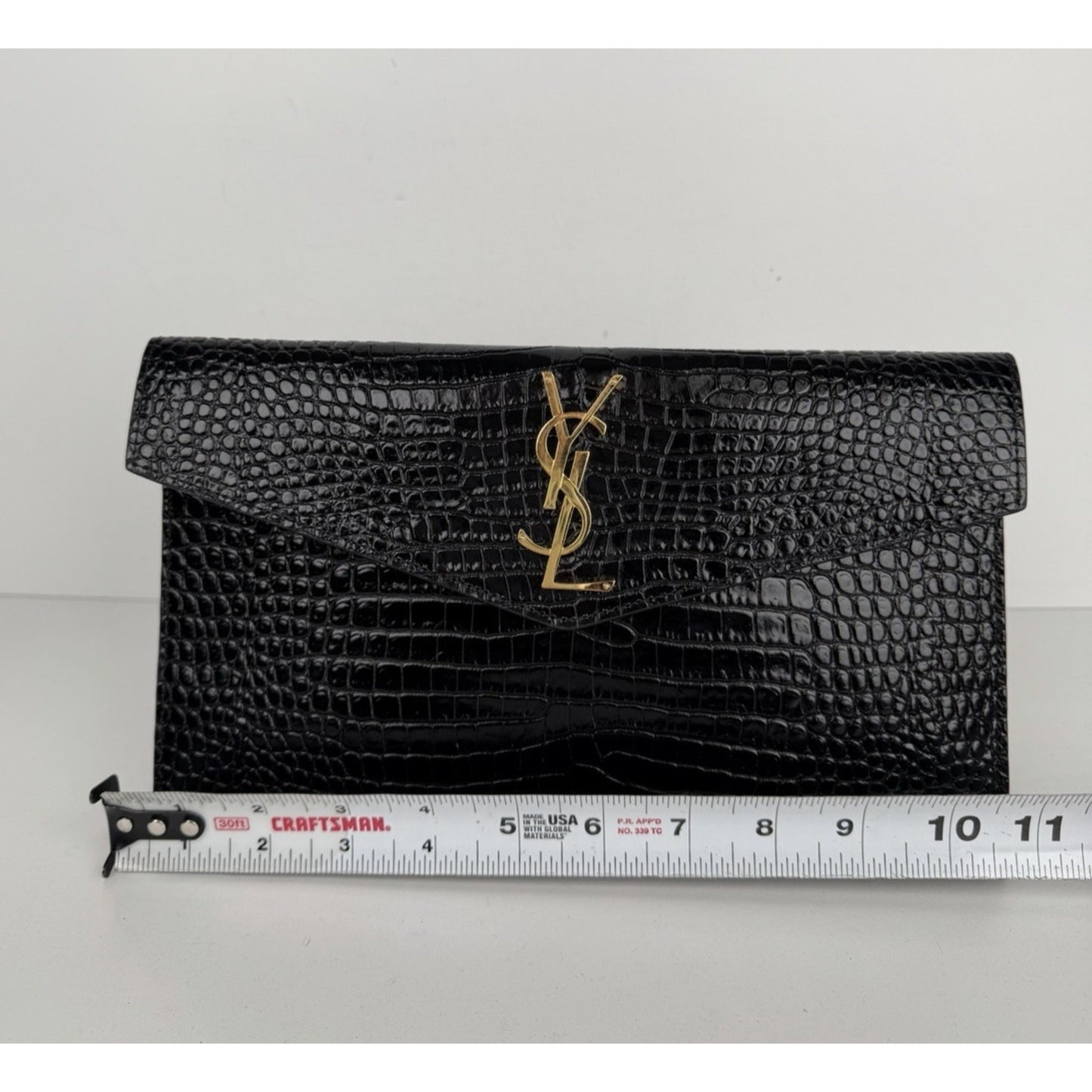 Saint Laurent Uptown Envelope Pouch Bag in Black Croc-Embossed Leather S15