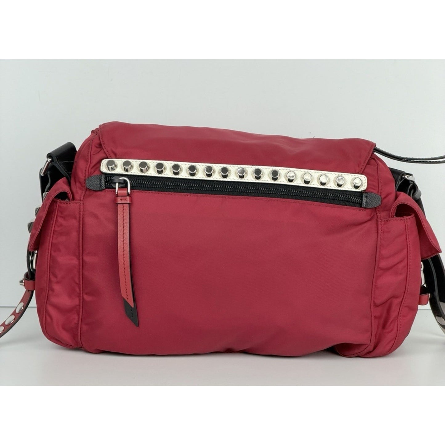 Prada New Vela Studded Messenger Medium in Cherry Red Nylon and Leather Trim S