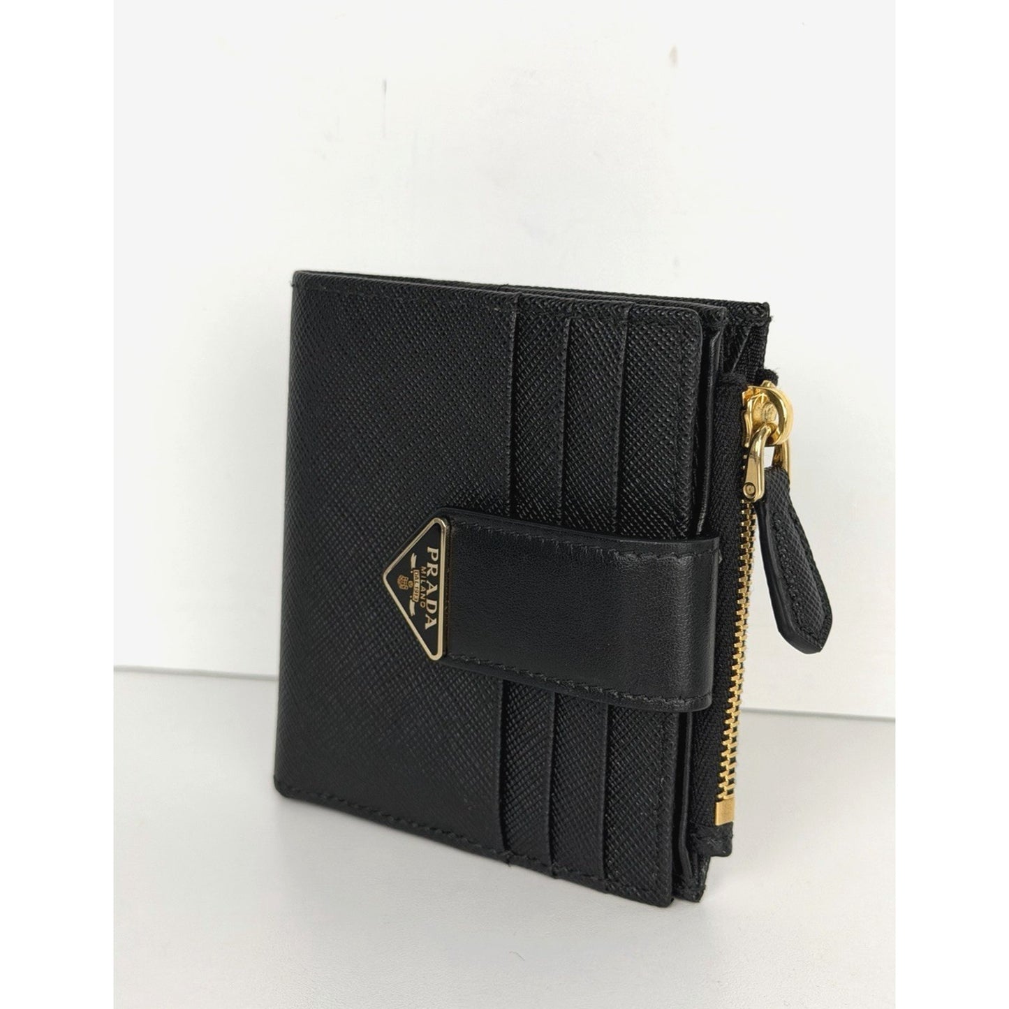 Prada Small Saffiano and Smooth Leather Bifold Wallet in Black