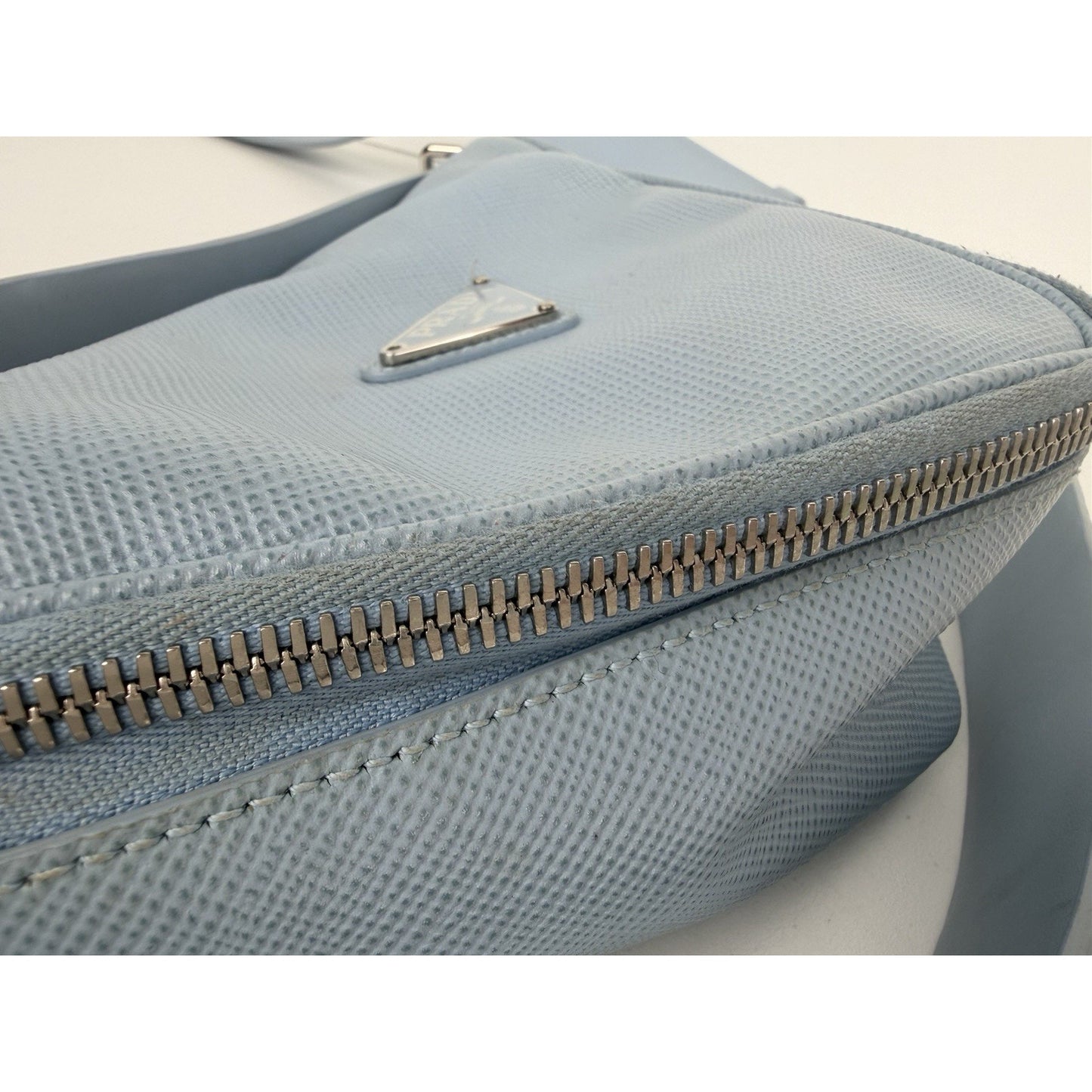 Prada Shoulder Bag Triangle Logo in Light Blue Saffiano Leather S05