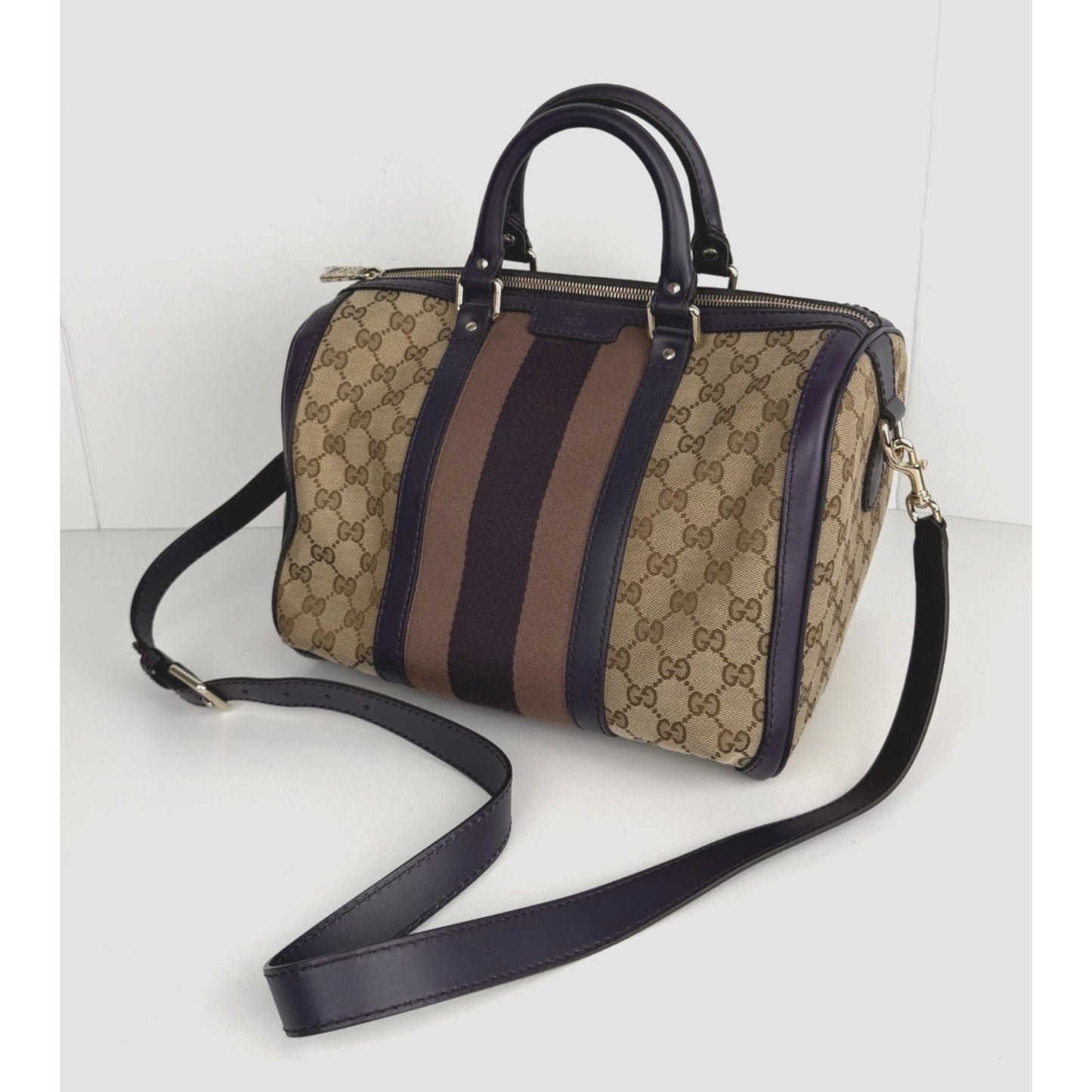 Gucci Web Boston Medium Bag in Brown GG Monogram Canvas & Purple Trim S