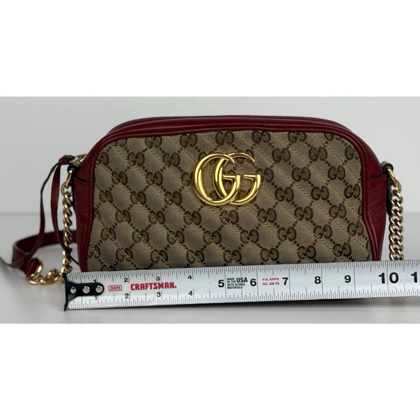 Gucci GG Marmont Camera Bag Small in Diagonal Quilted Canvas Leather Trim S09