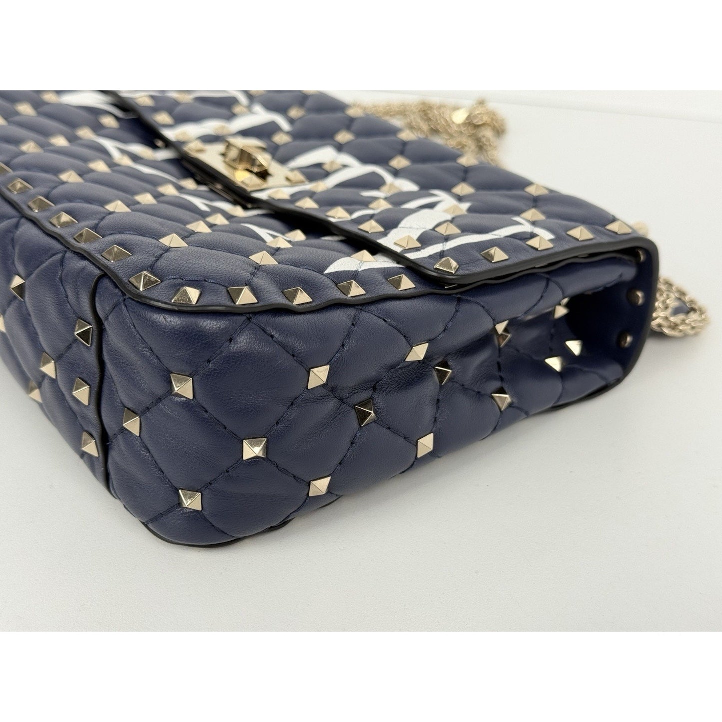 Valentino Garavani Nappa VLTN Print Medium Rockstud Spike Shoulder Bag Navy Blue