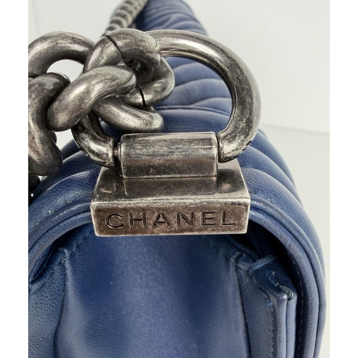 CHANEL Boy Flap Medium Shoulder Bag Lambskin Chevron Navy Blue 2014-2015 B4