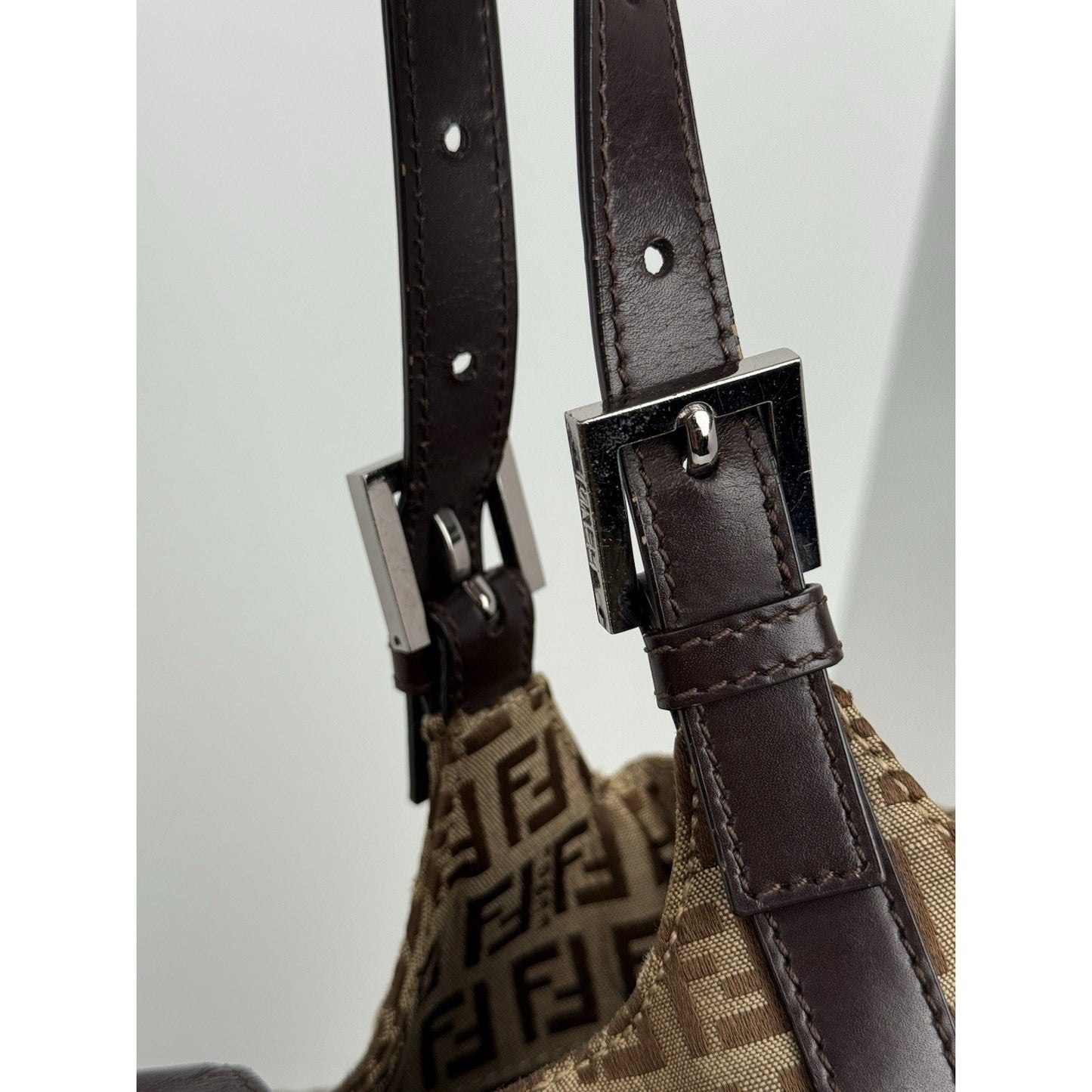 Fendi Zucchino Canvas Monogram Bag with Leather Trim and Silver Hardware