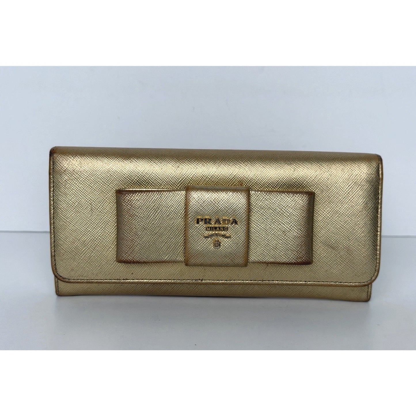 Prada Saffiano Bow Continental Wallet in Crosshatch-Textured Calf Leather