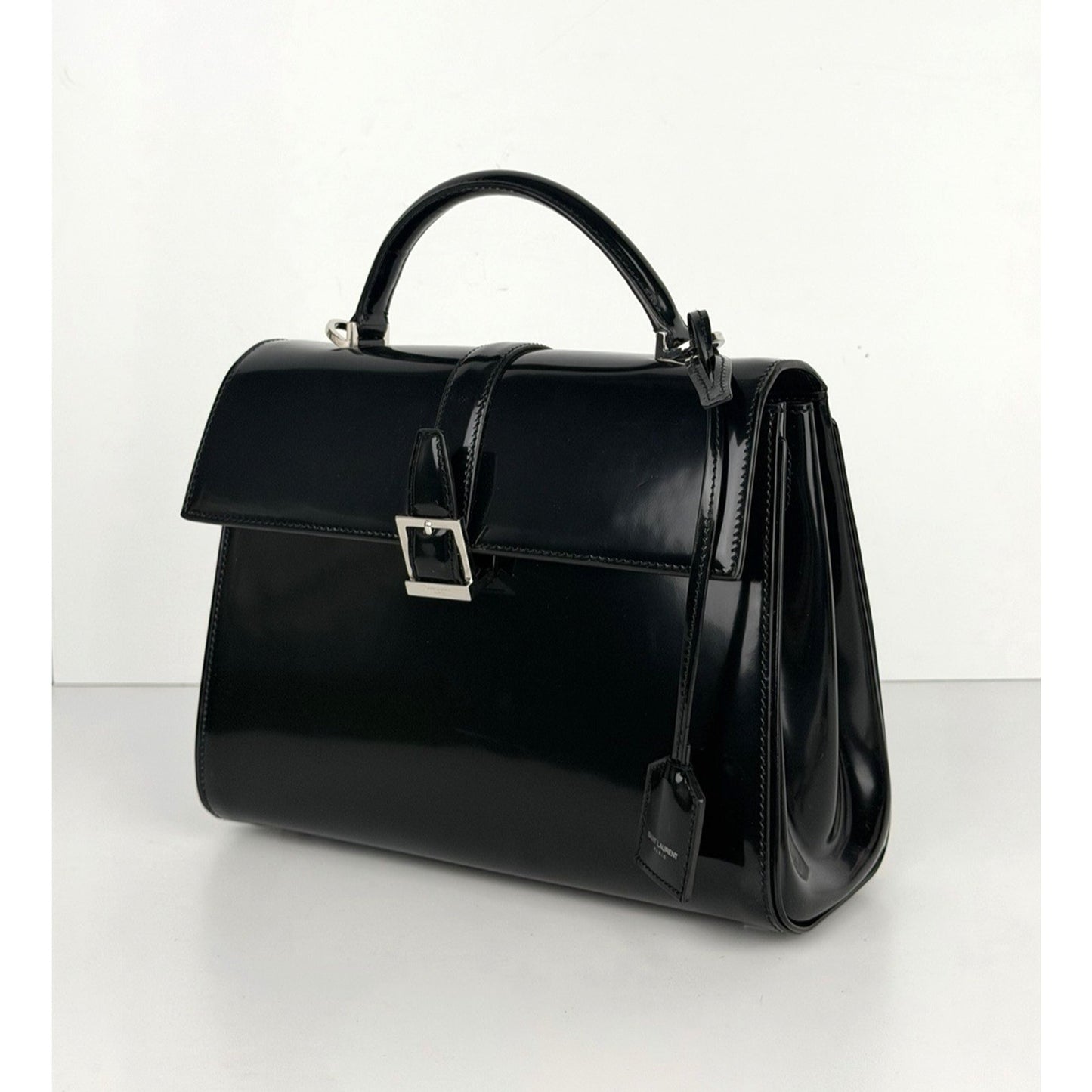 Saint Laurent Le Fermoir Small Top-Handle Bag in Black Spazzolato Leather S-03