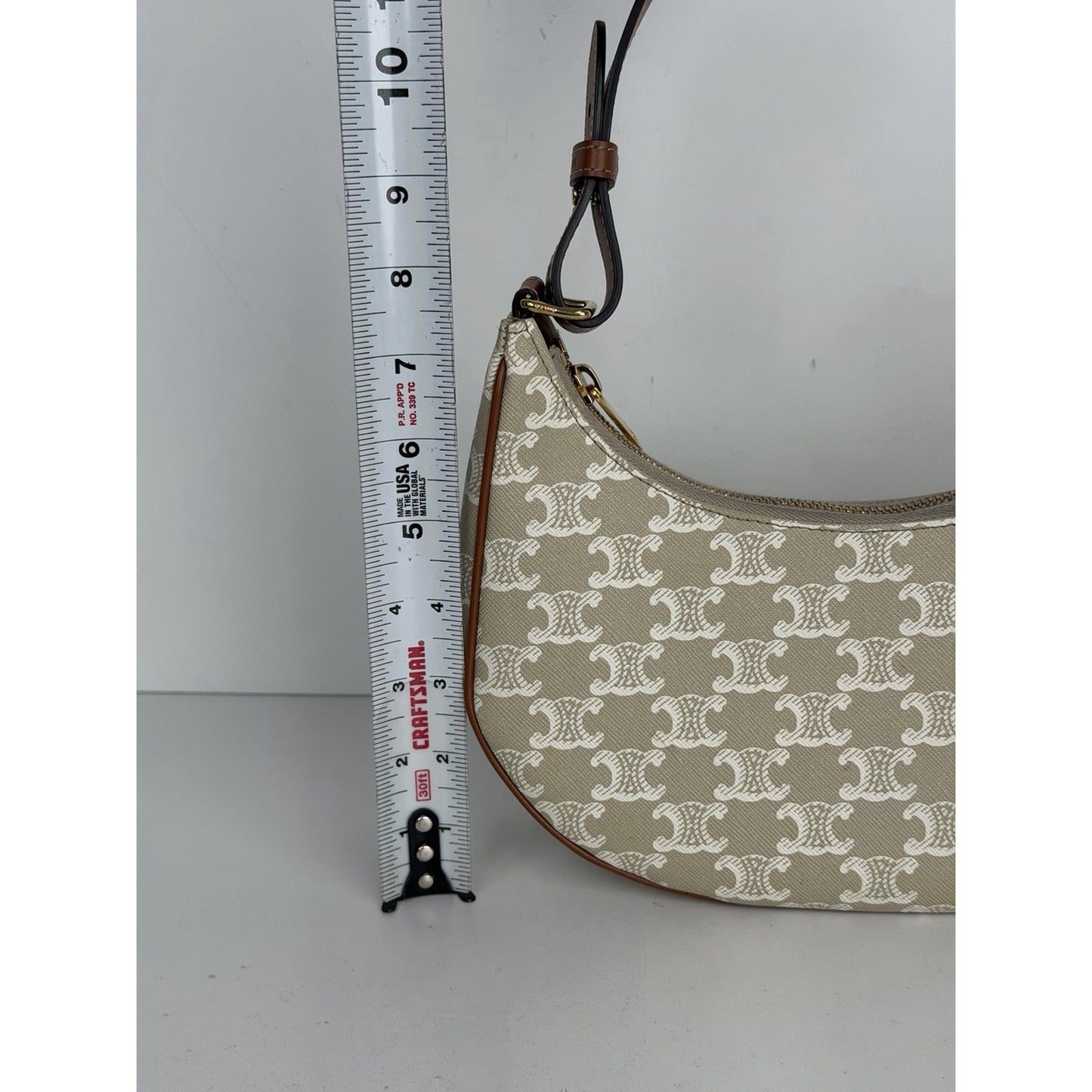 Celine Triomphe Ava Shoulder Bag Beige Coated Canvas with Brown Leather Trim S08