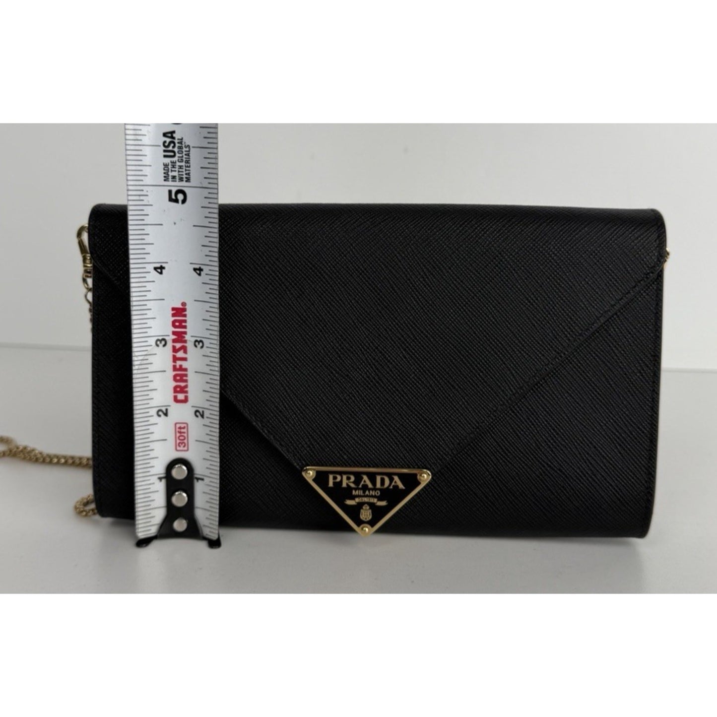 Prada Triangle Logo Plaque Envelope Chain Bag in Black Saffiano Leather NFC S11