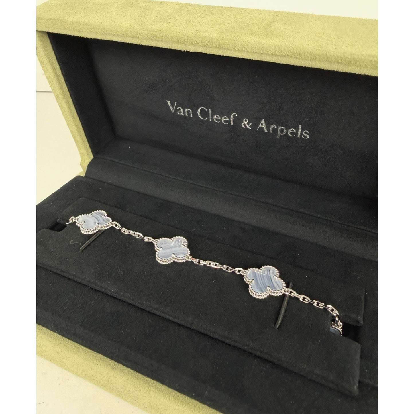 Van Cleef & Arpels Vintage Alhambra 5-Motif Bracelet 18k White Gold Chalcedony