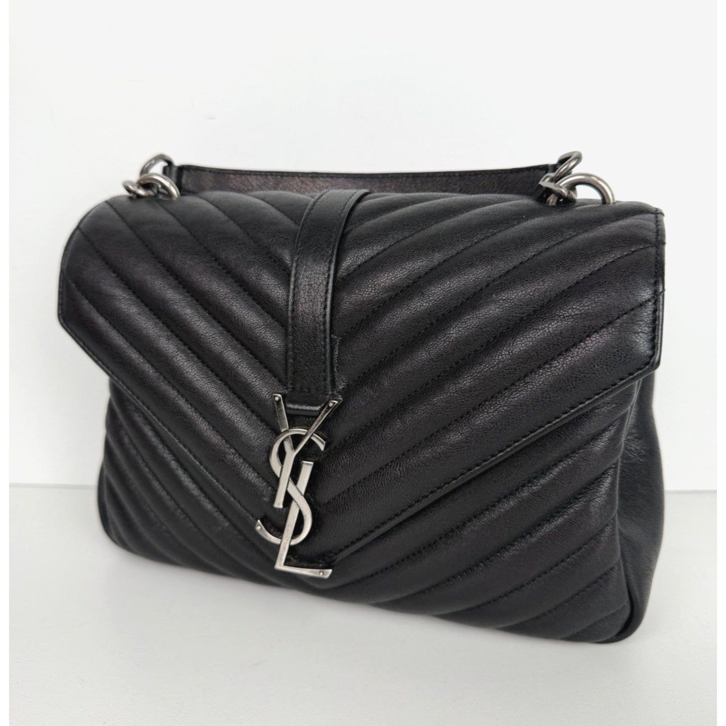 Saint Laurent College Shoulder Bag Medium in Black Chevron-Quilted Leather S-07