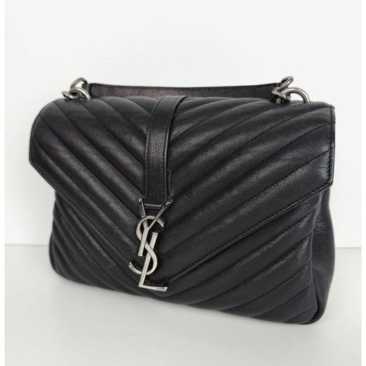 Saint Laurent College Shoulder Bag Medium in Black Chevron-Quilted Leather S-07