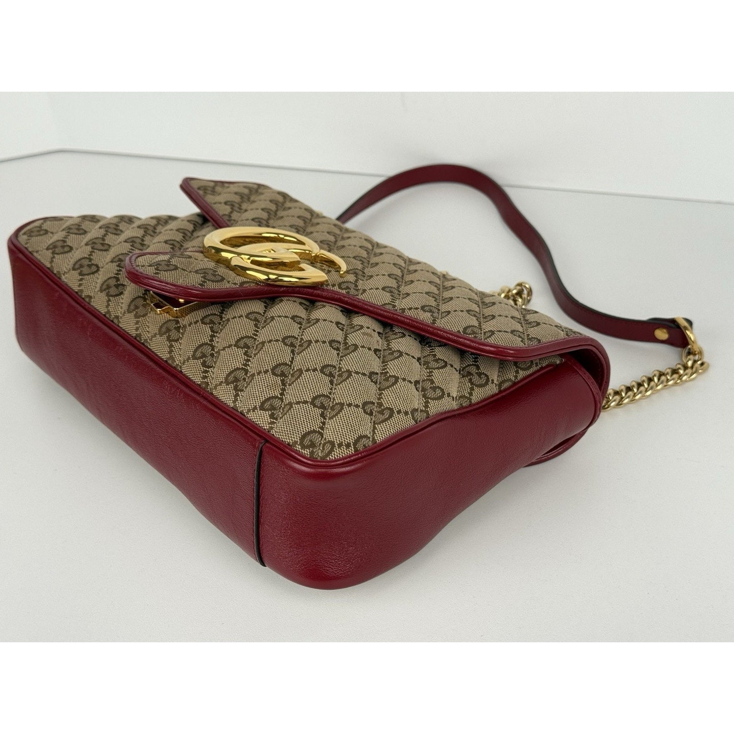 Gucci GG Marmont Monogram Matelassé Diagonal Shoulder Bag Beige and Red