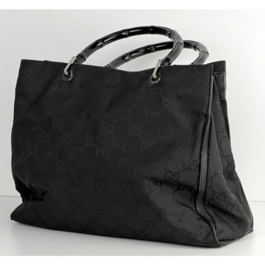 Gucci GG Bamboo Tote Bag Medium Vintage Shopper Sleek Black Monogram Nylon S15