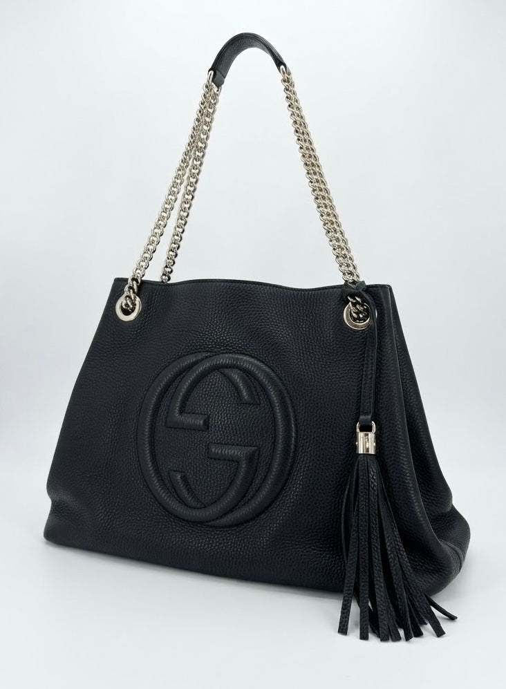 Gucci Medium Soho Chain Shoulder Bag in Black Pebbled Calfskin Leather YE-6
