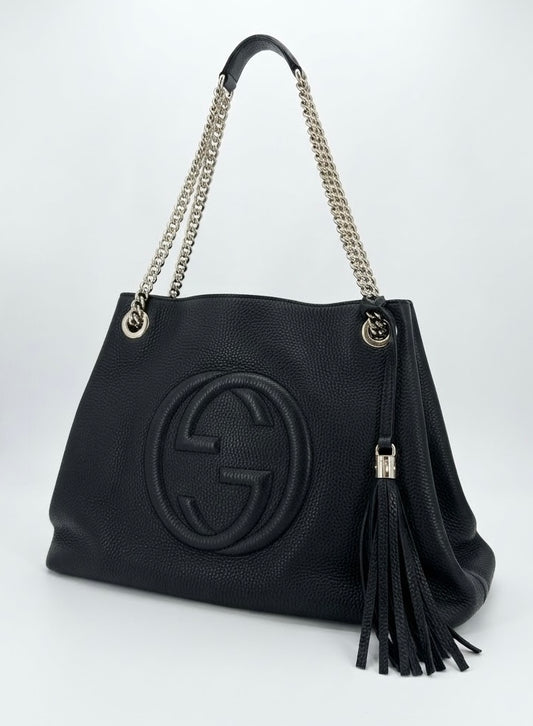 Gucci Medium Soho Chain Shoulder Bag in Black Pebbled Calfskin Leather YE-6