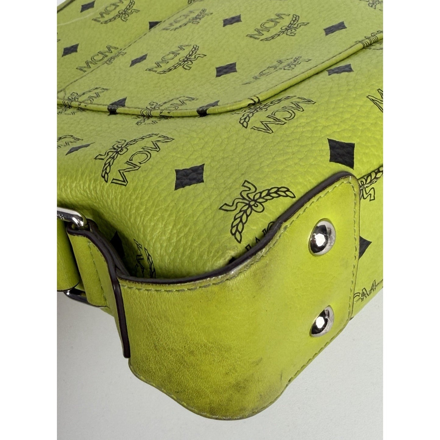 MCM Messenger Crossbody Bag in Neon Green Visetos Monogram Leather S-15