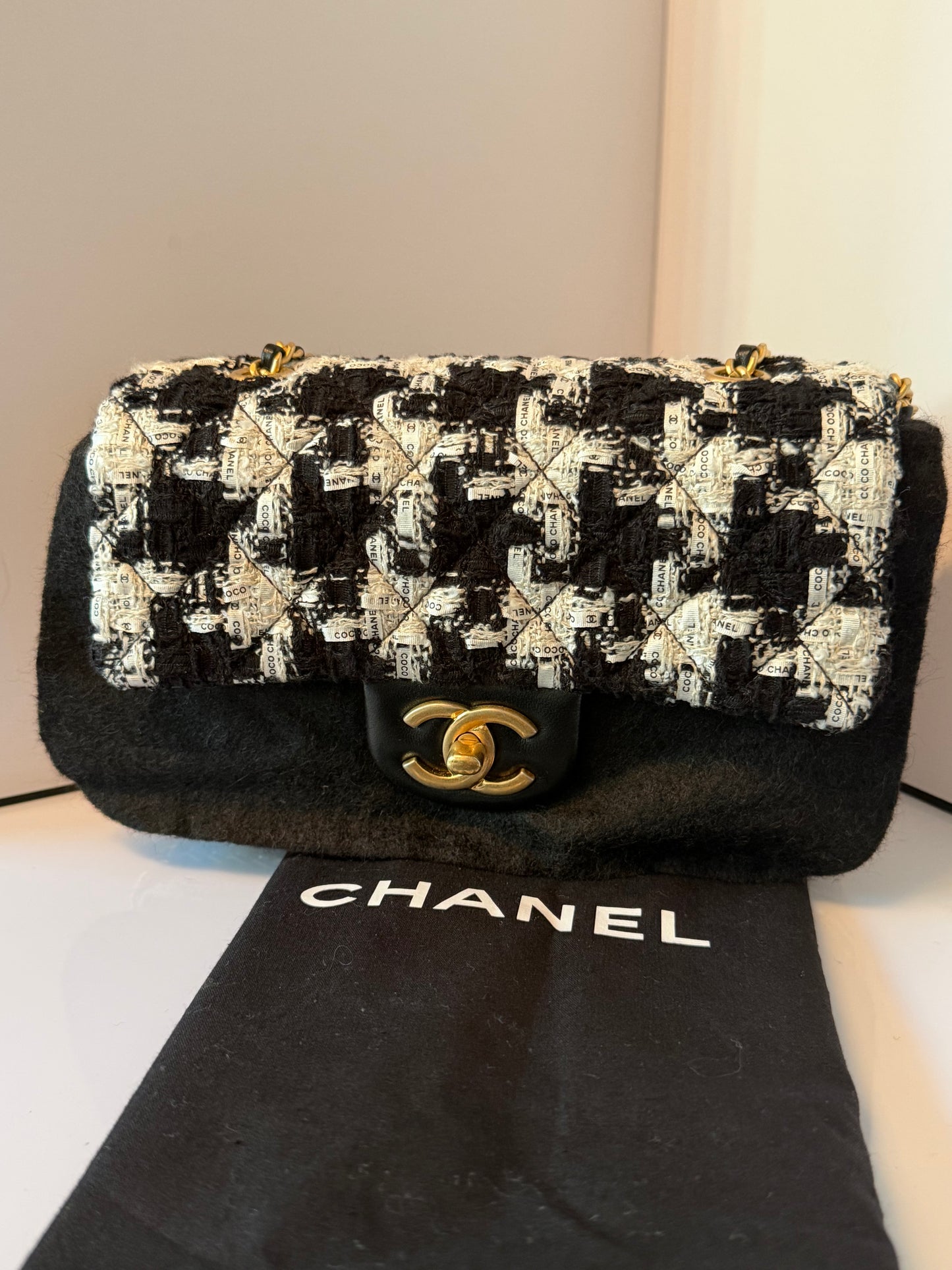 CHANEL Black/White Quilted Tweed River Of Pearls Mini Flap Bag