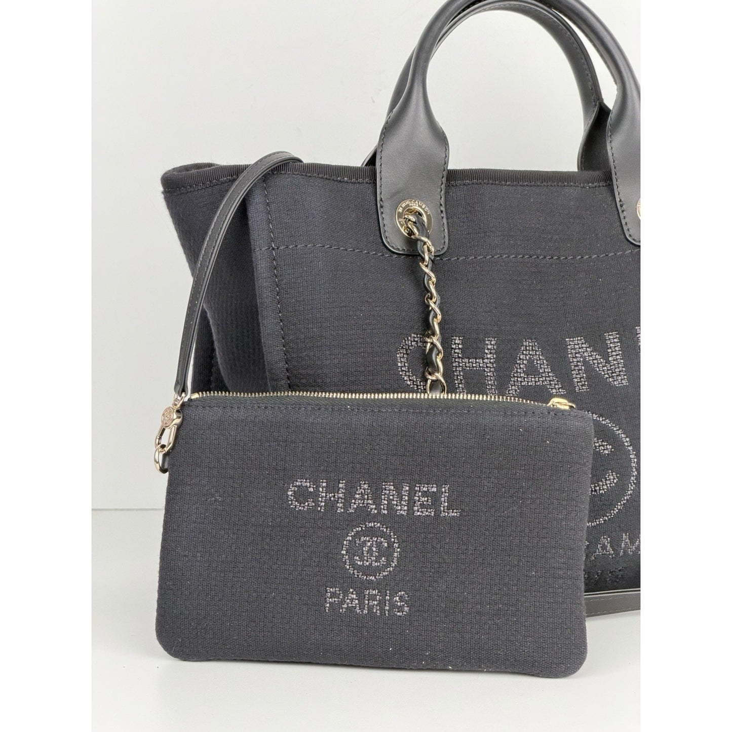 Chanel Deauville Shopping Tote Bag in Black Canvas NFC Small with Pouch E2