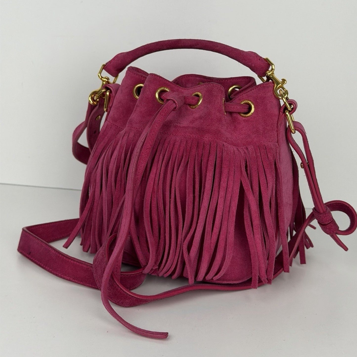 Saint Laurent Emmanuelle Fringe Bucket Bag in Pink Suede F2