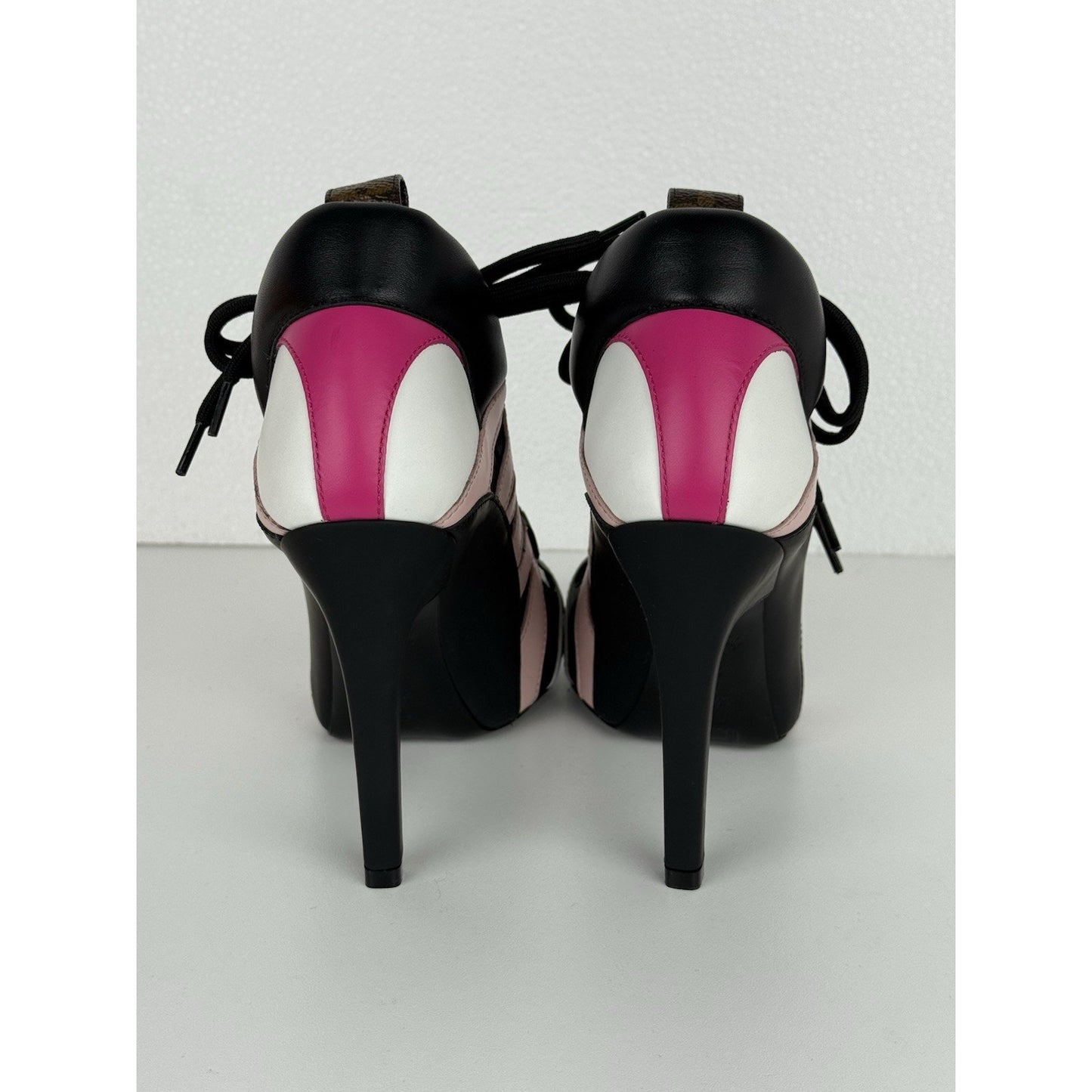 LOUIS VUITTON Lace Up Pumps Women's Booties Pink Black White Size 37 / 7
