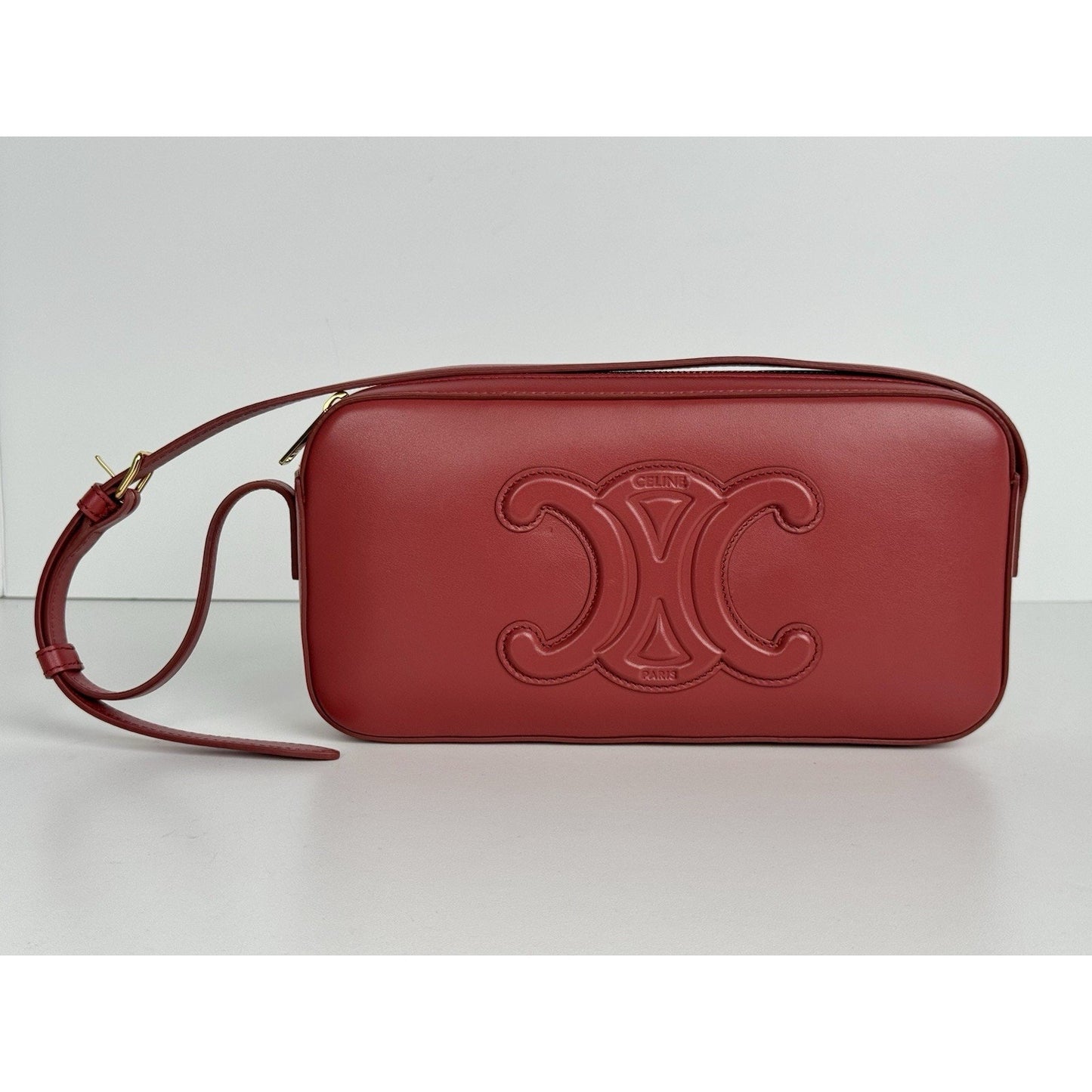 Celine Triomphe Camera Shoulder Bag Red Leather C-8