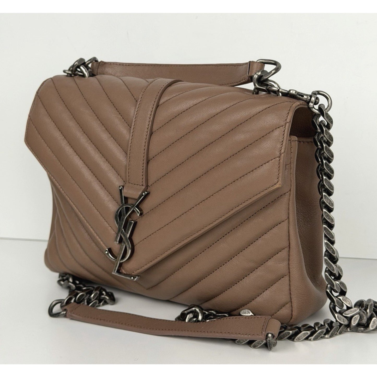 Saint Laurent Monogram College Bag Medium in Brown Quilted Chevron Leather C4