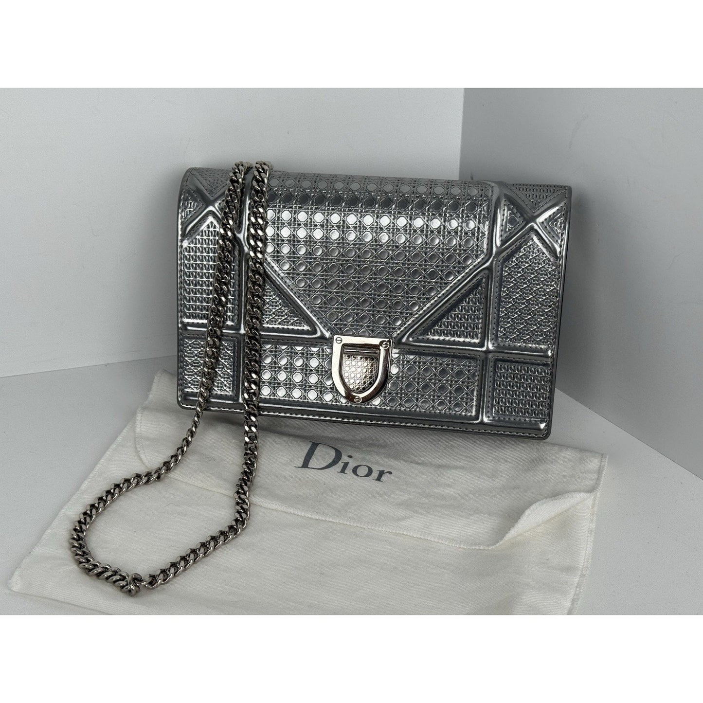 Dior Micro-Cannage Diorama Wallet on Chain Pouch Metallic Silver Patent Leather