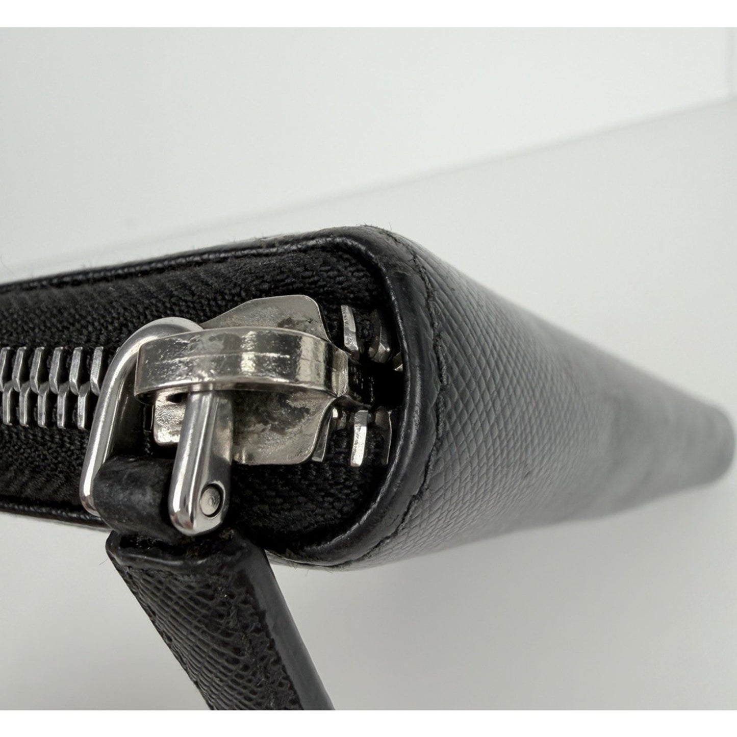 Prada Long Wallet Zip-Around in Black Saffiano Leather Silver-Tone Hardware