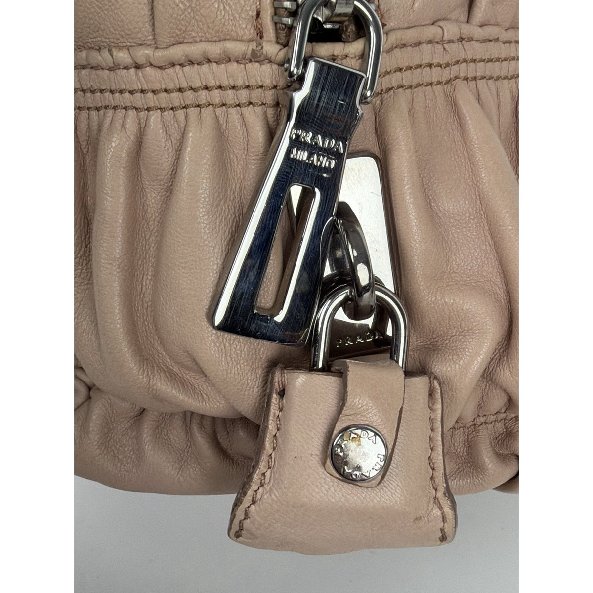 Prada Nappa Gaufre Satchel Shoulder Bag in Beige Leather Silver-Tone Hardware S7