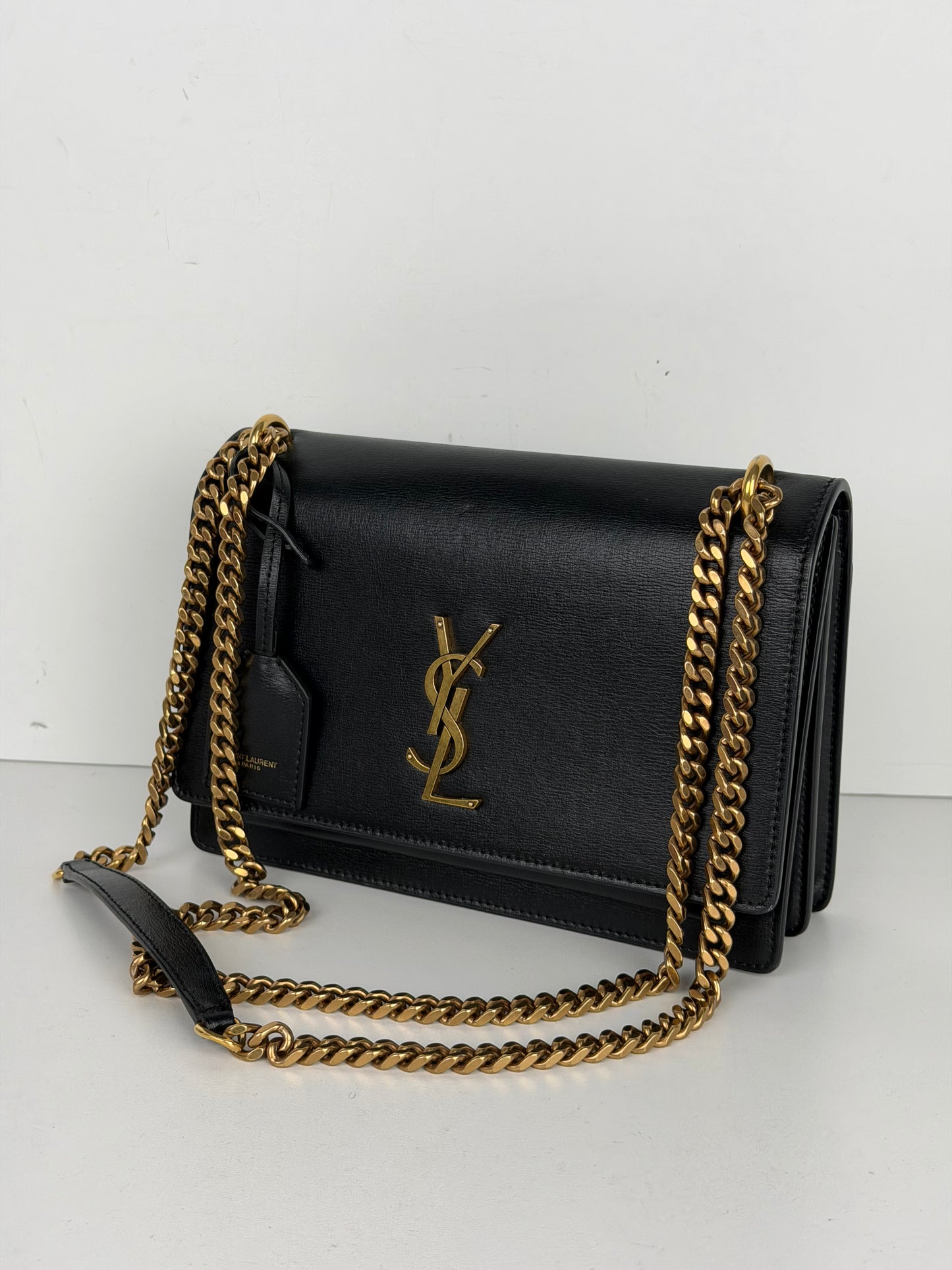 Saint Laurent Medium Sunset Shoulder Bag in Smooth Black Calfskin Leather YC-5
