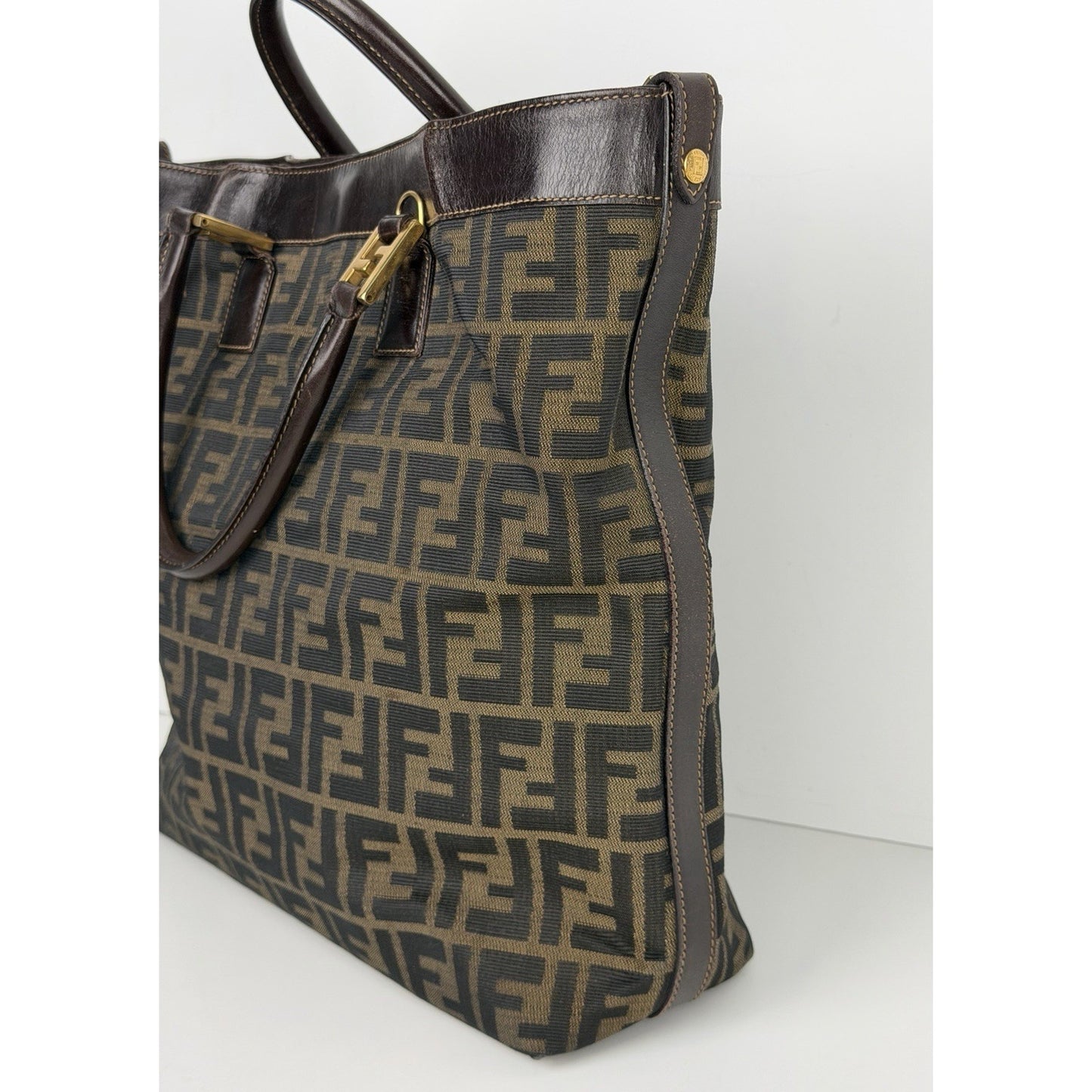Fendi Zucca Tote Bag FF Monogram Canvas & Dark Brown Leather Trim S