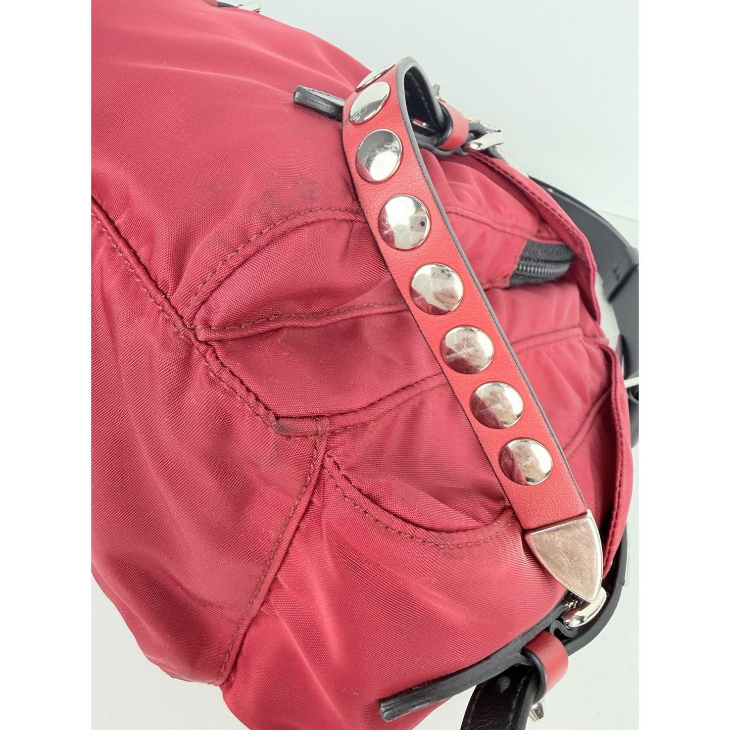 Prada New Vela Studded Messenger Medium in Cherry Red Nylon and Leather Trim S