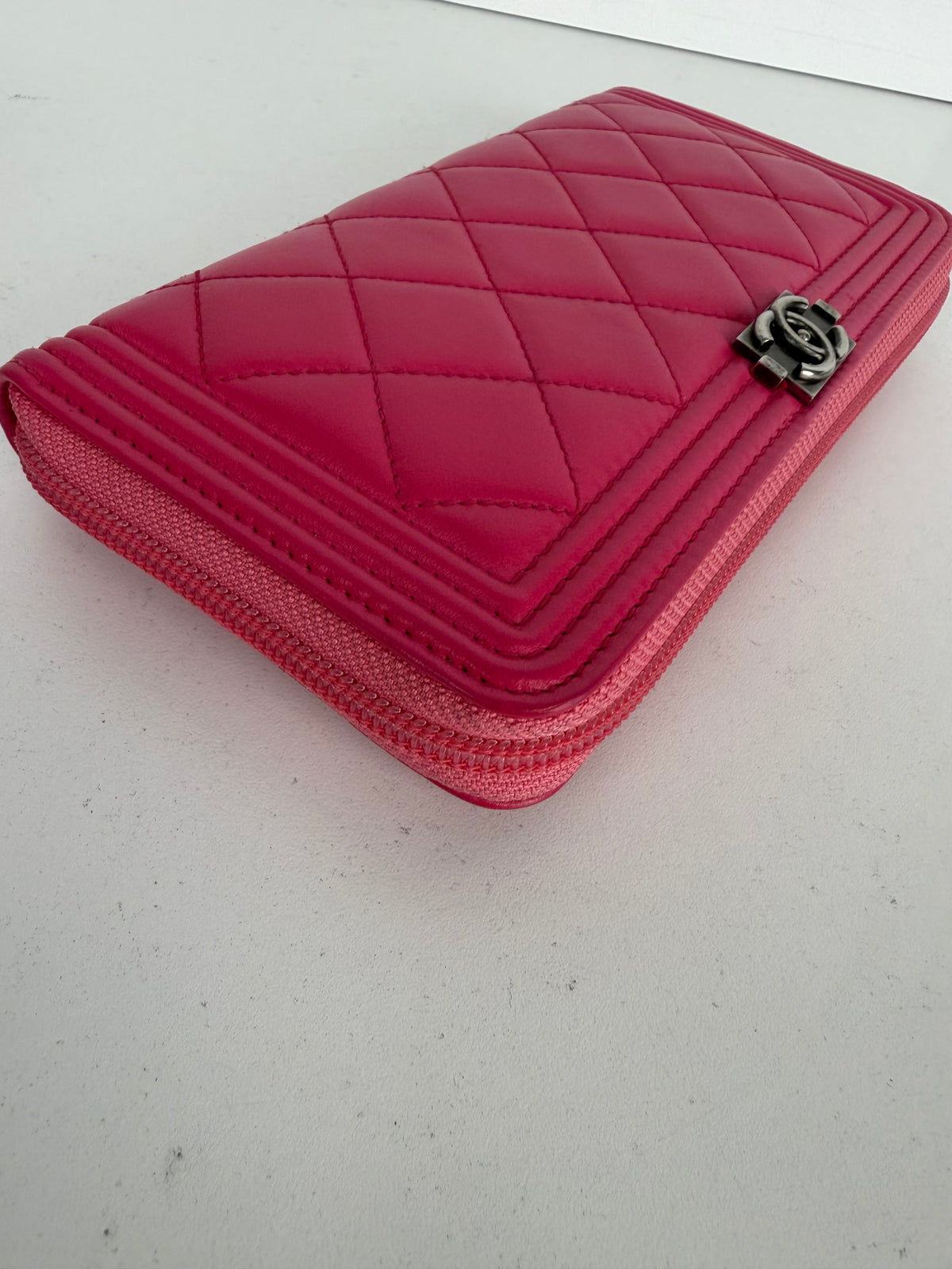 Chanel Boy Zip Around Wallet in Pink Quilted Lambskin Leather K3