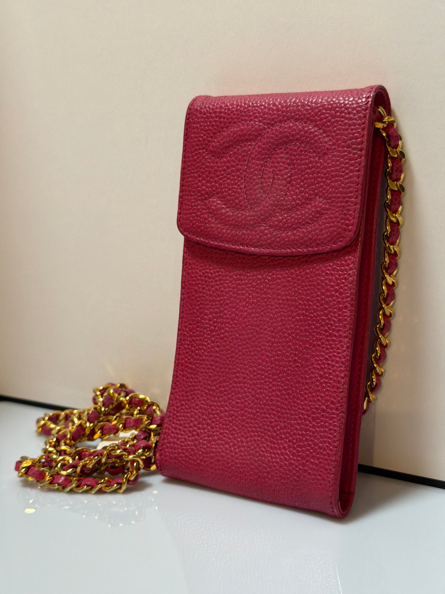 Chanel Vintage CC Phone Holder Crossbody Bag Red Caviar Leather