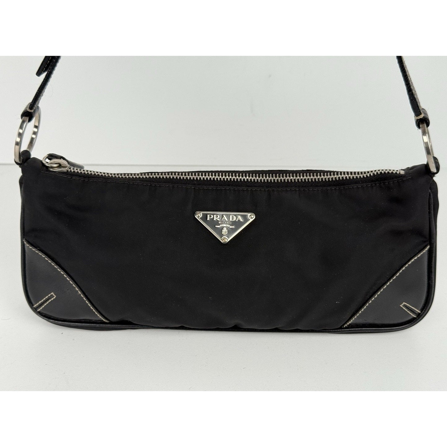 PRADA Black Tessuto Nylon & Leather Pochette Women's Shoulder Bag