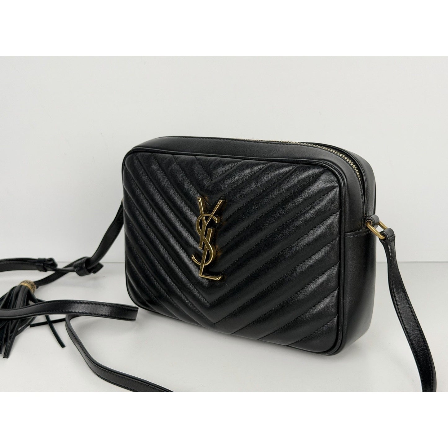 Saint Laurent Lou Camera Bag Medium Chevron Quilted Black Calfskin Leather D9