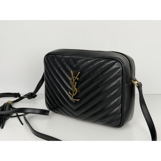 Saint Laurent Lou Camera Bag Medium Chevron Quilted Black Calfskin Leather D9