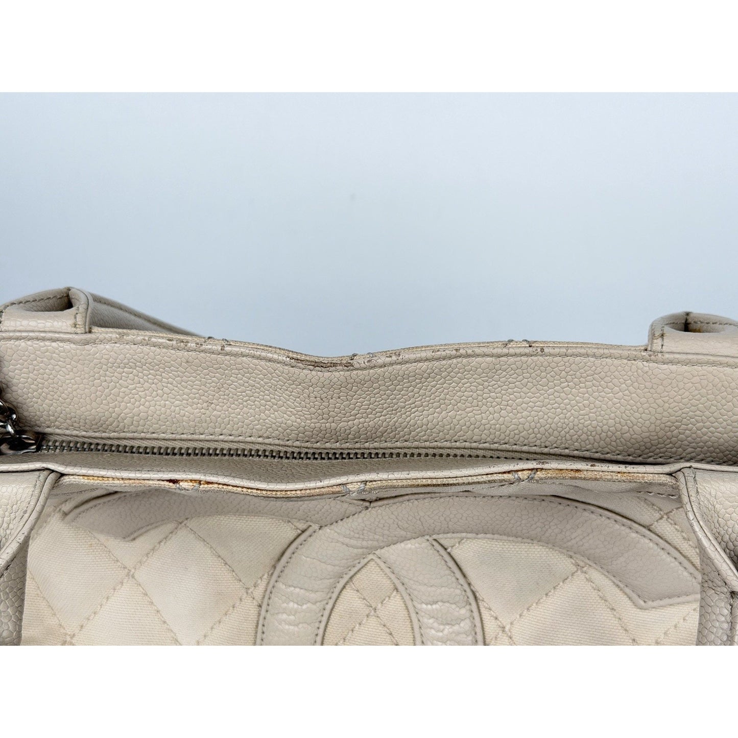 Chanel Quilted Caviar Logo and Canvas Medallion Tote Handbag Beige 2004-2005 C7