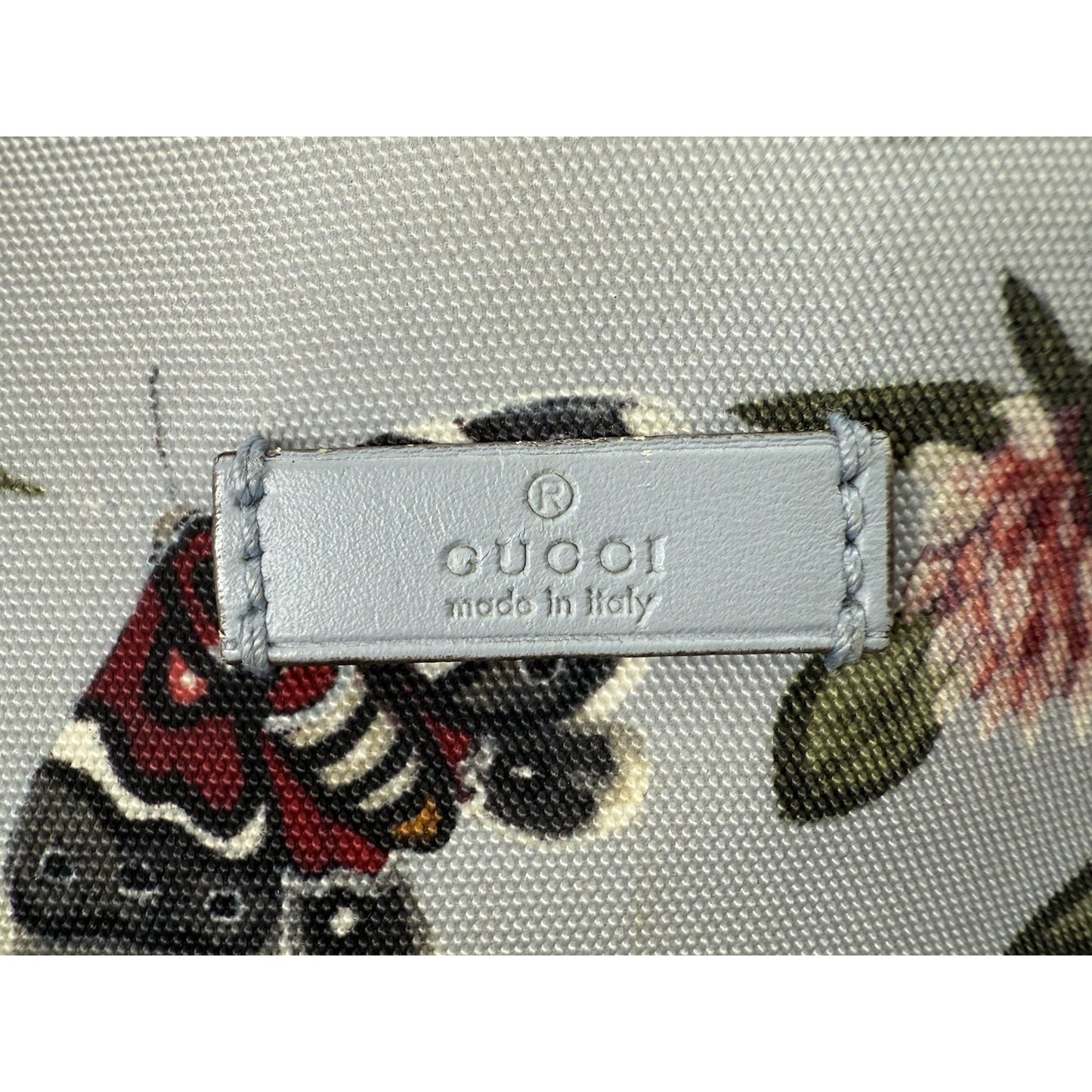 Gucci Flora Knight Zippered Tote Bag Dusty Blue Canvas with Leather Trim