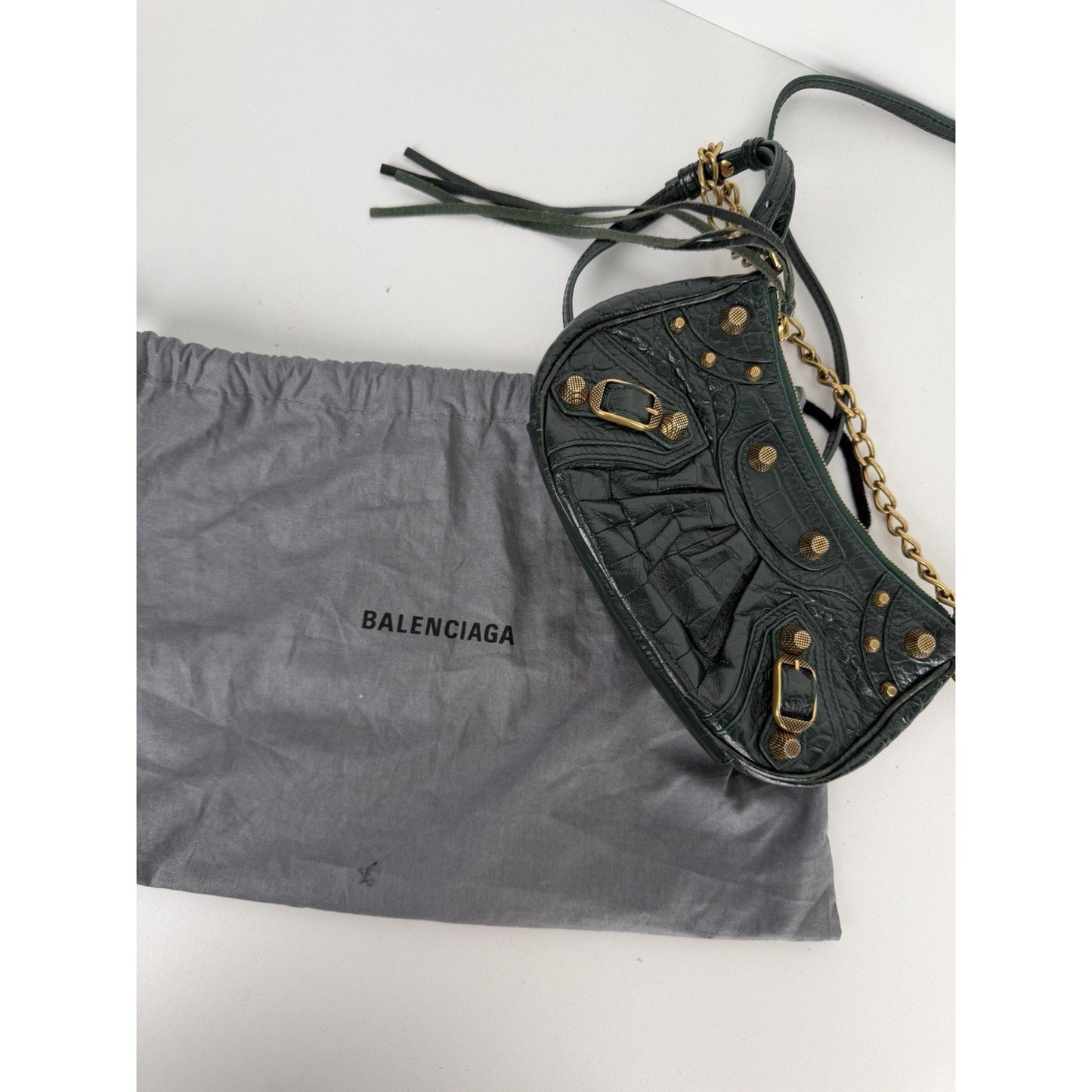 Balenciaga Le Cagole Mini Shoulder Bag in Dark Green Croc-Embossed Leather S-01