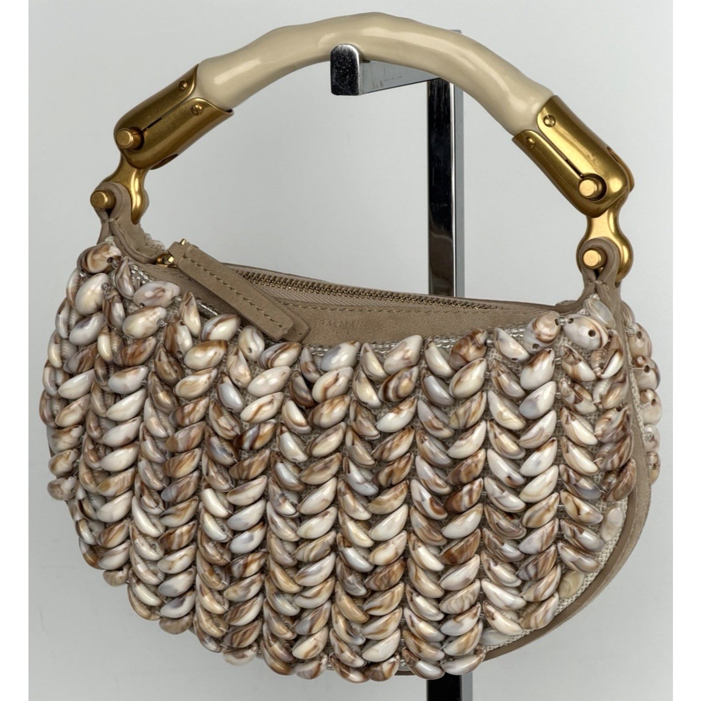 Balmain Ebene Mini Bag with Resin Top-Handle Beaded with Shell Embellishments E5